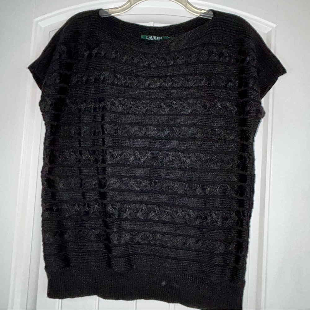 Lauren Ralph Lauren Black Cable Knit Scoopneck Short Sleeve Sweater Size Medium
